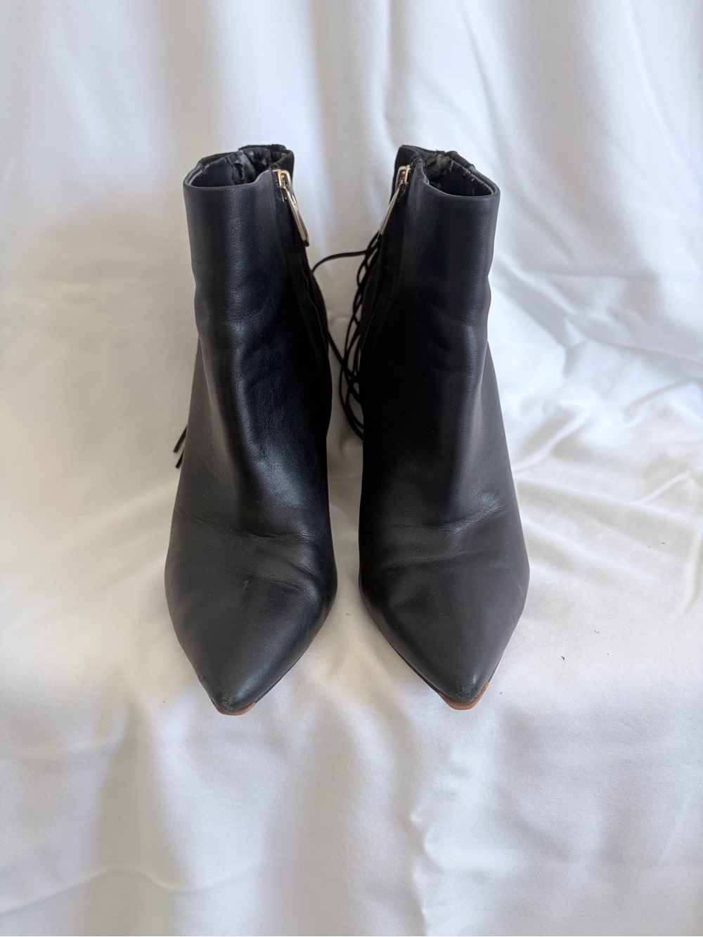 Sam Edelman Leather Black Pointed Toe Ankle Booties with Fringe